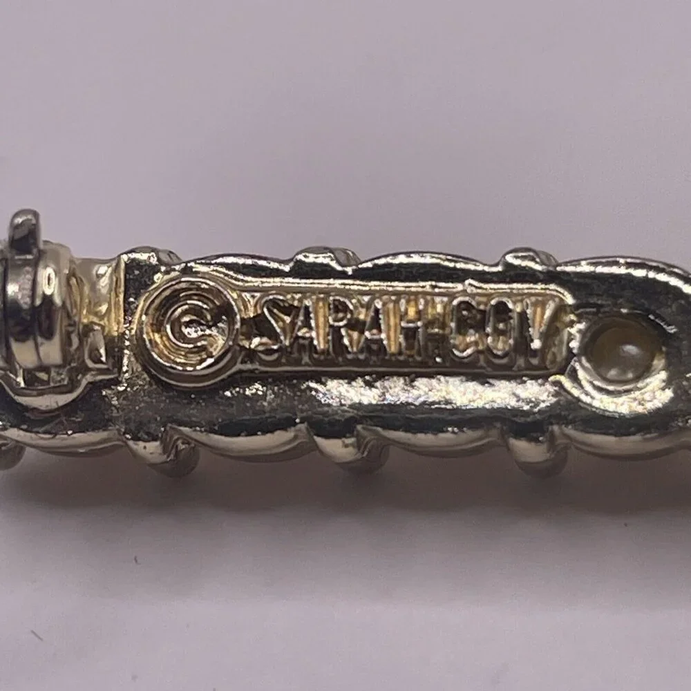VTG 60s SARAH COVENTRY Bar Brooch Pin Faux Pearl Hearts AB Rhinestones Gold Tone